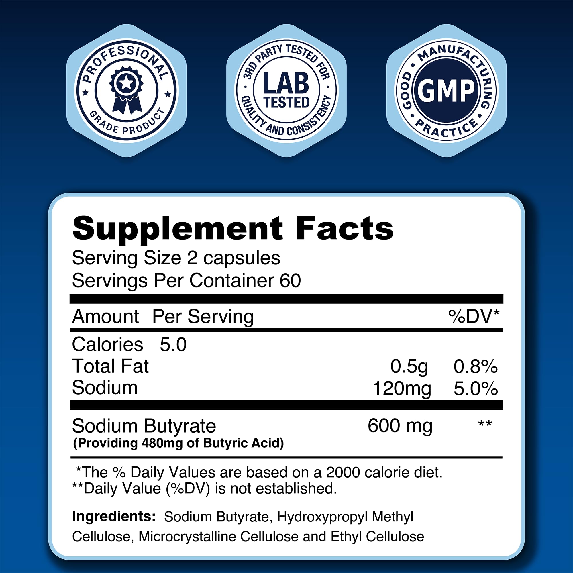 LongJuvity Sodium Butyrate packaging back label highlights ingredients and QA