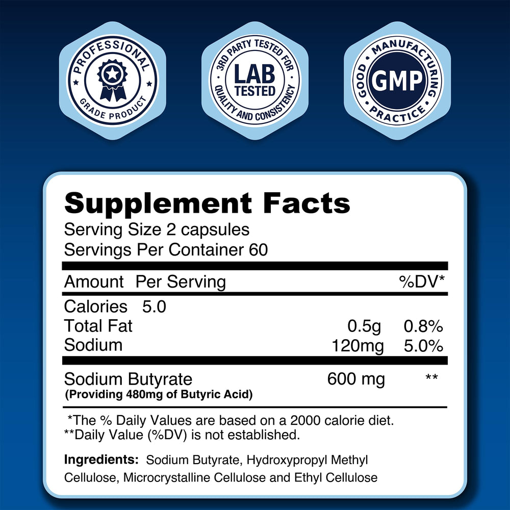 LongJuvity Sodium Butyrate packaging back label highlights ingredients and QA