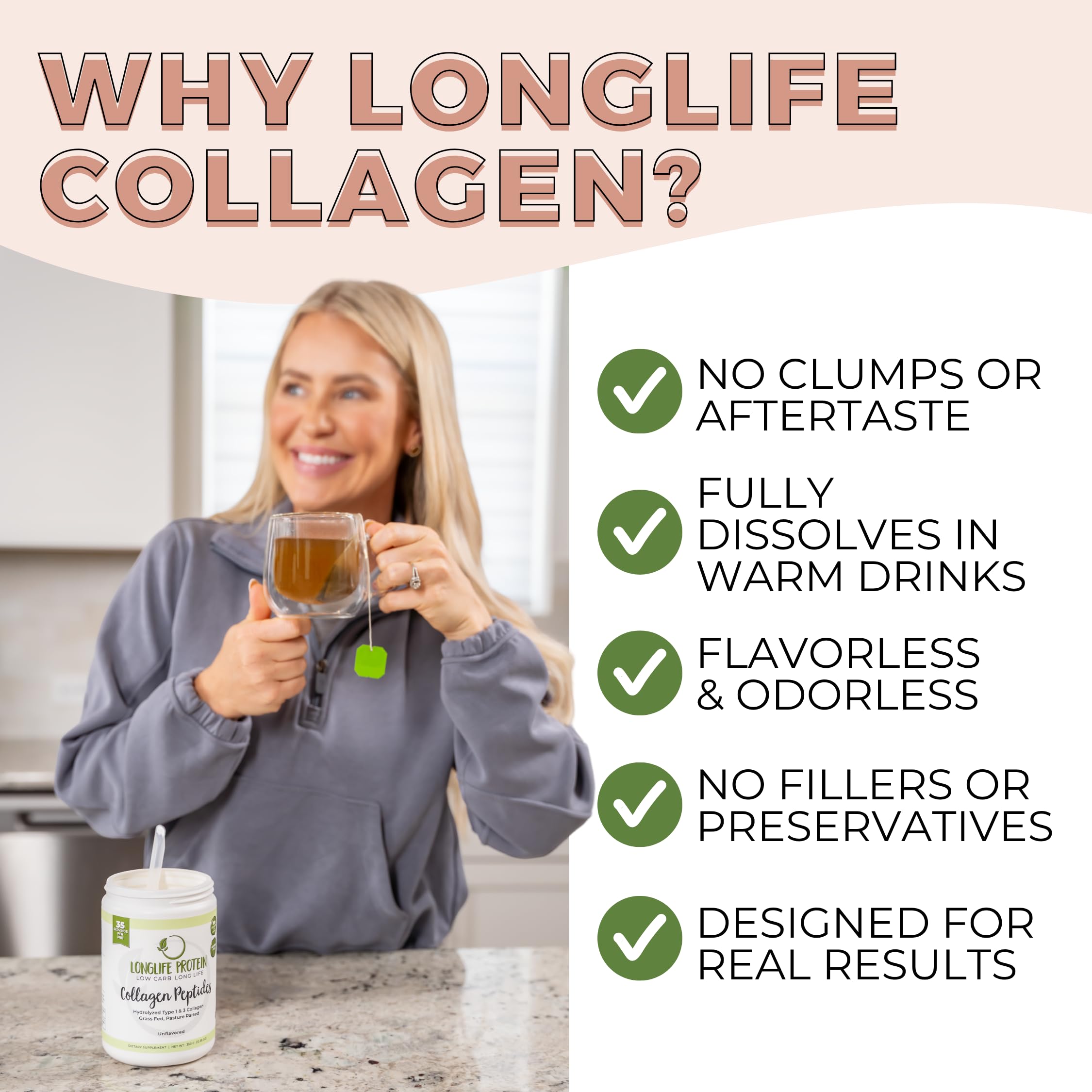 Longlife Protein Collagen Peptides ingredients glass highlights grass-fed source.