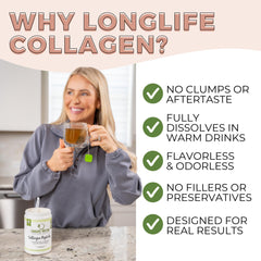 Longlife Protein Collagen Peptides ingredients glass highlights grass-fed source.