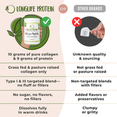 Longlife Protein Collagen Peptides no sugar label emphasizes carbohydrate-free profile.