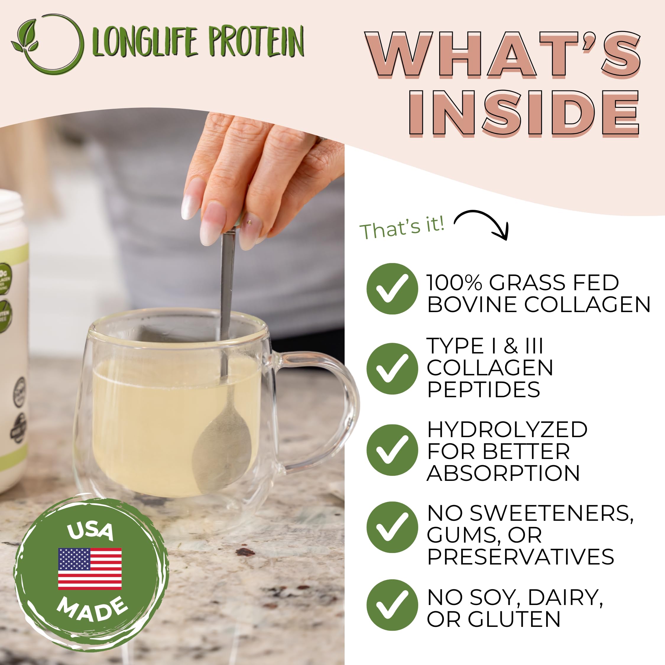 Longlife Protein Collagen Peptides tea cup demonstrates convenient mix-in.