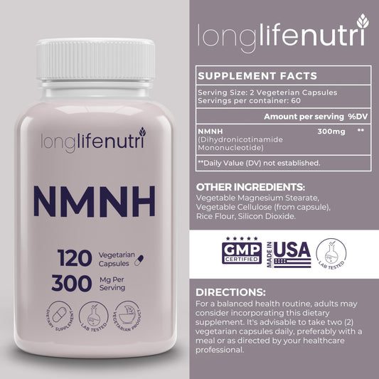 Close-up of LongLifeNutri NMNH vegan capsules for daily use
