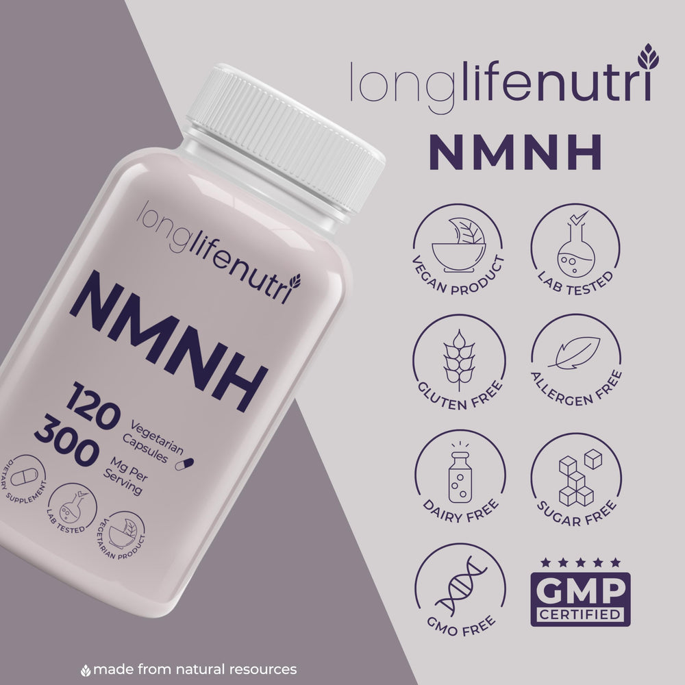 Two month supply of LongLifeNutri NMNH bottles on a kitchen counter