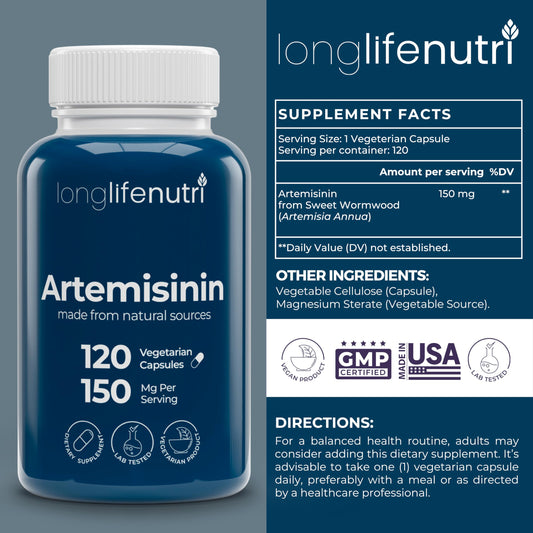 LongLifeNutri Artemisinin 150mg capsules closeup highlighting vegetarian capsules.