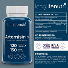 LongLifeNutri Artemisinin 150mg capsules closeup highlighting vegetarian capsules.