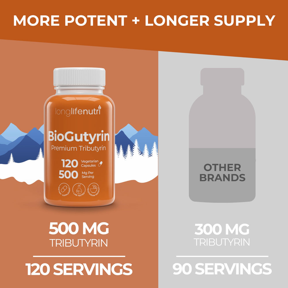BioGutyrin capsules arranged to show vegetarian format and dosage clarity.