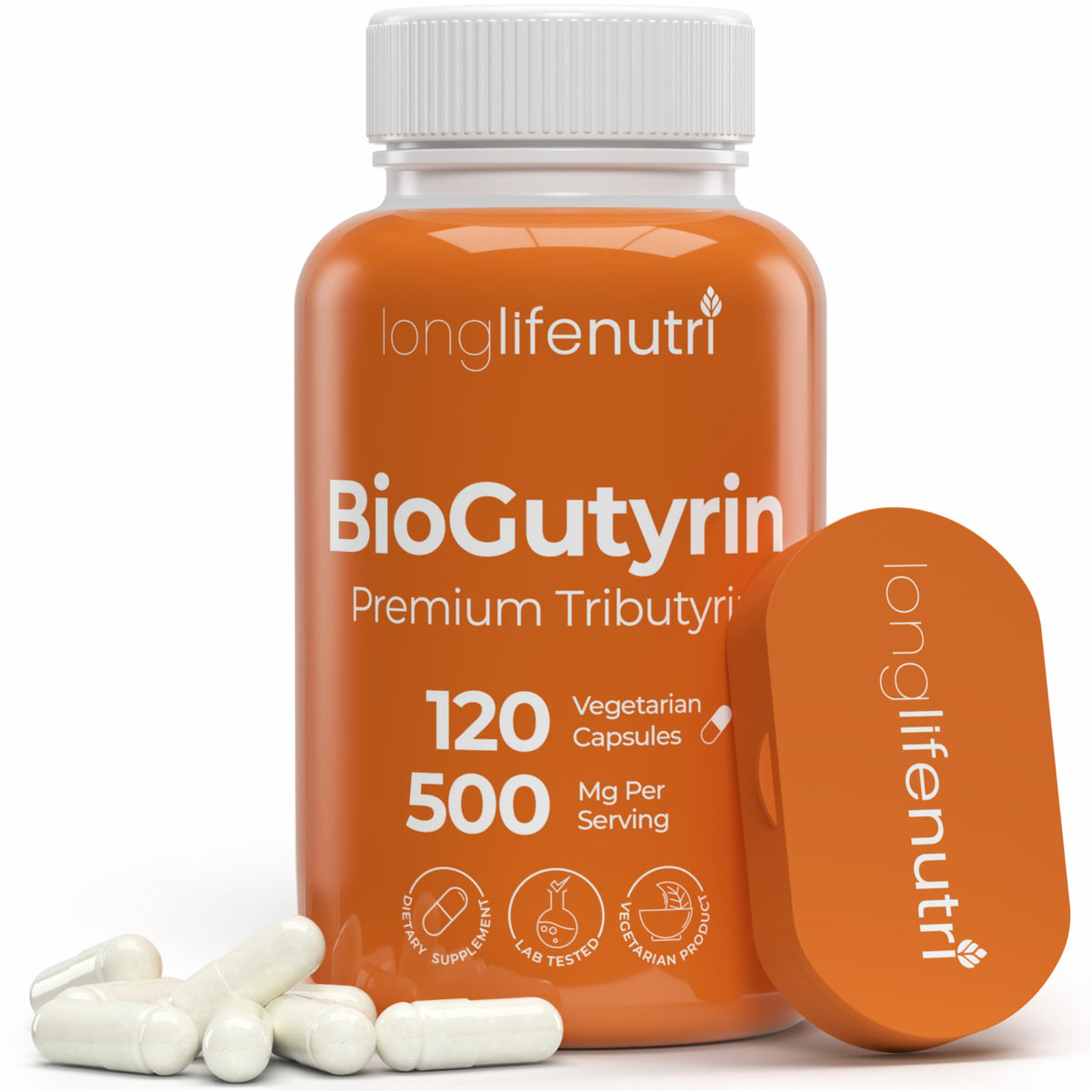 LongLifeNutri BioGutyrin bottle front showing postbiotic supplement for gut wellness.