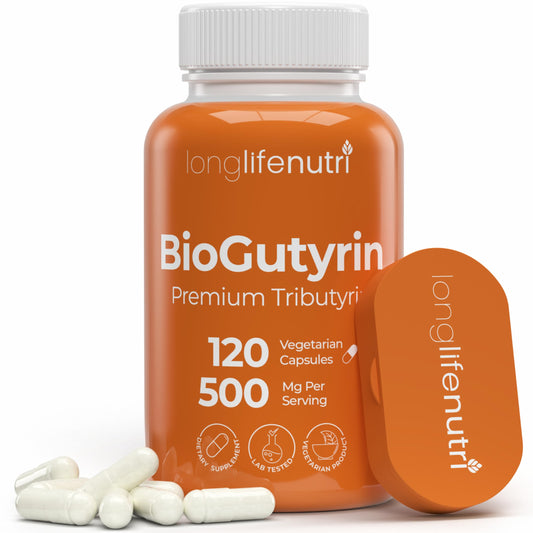 LongLifeNutri BioGutyrin bottle front showing postbiotic supplement for gut wellness.