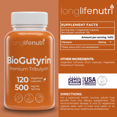 Close-up of BioGutyrin capsules highlighting 500mg tributyric content.