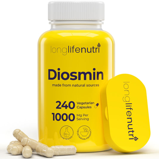 LongLifeNutri Diosmin 1000mg bottle front supports daily circulatory health.