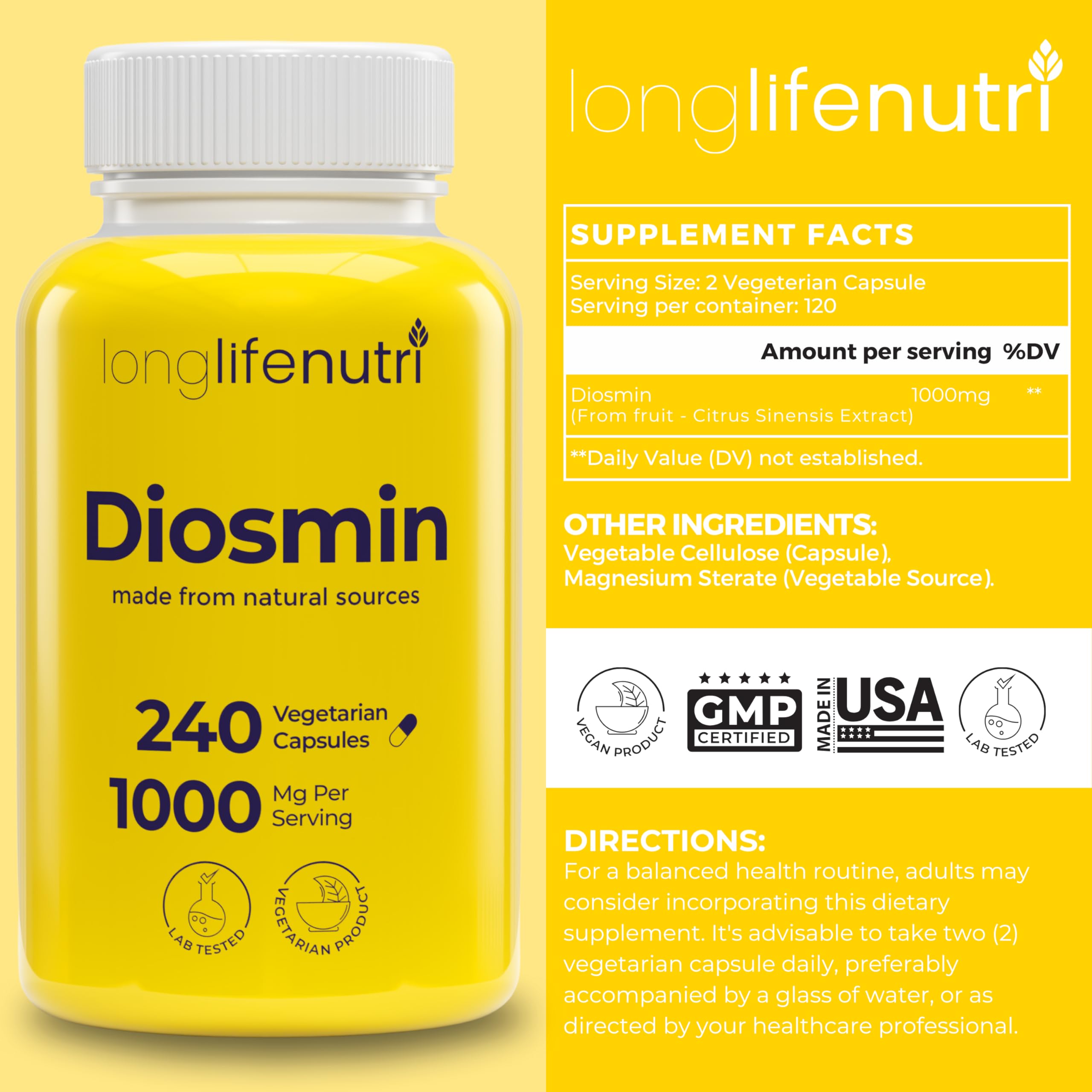 LongLifeNutri Diosmin 1000mg capsules inside show easy daily routine.