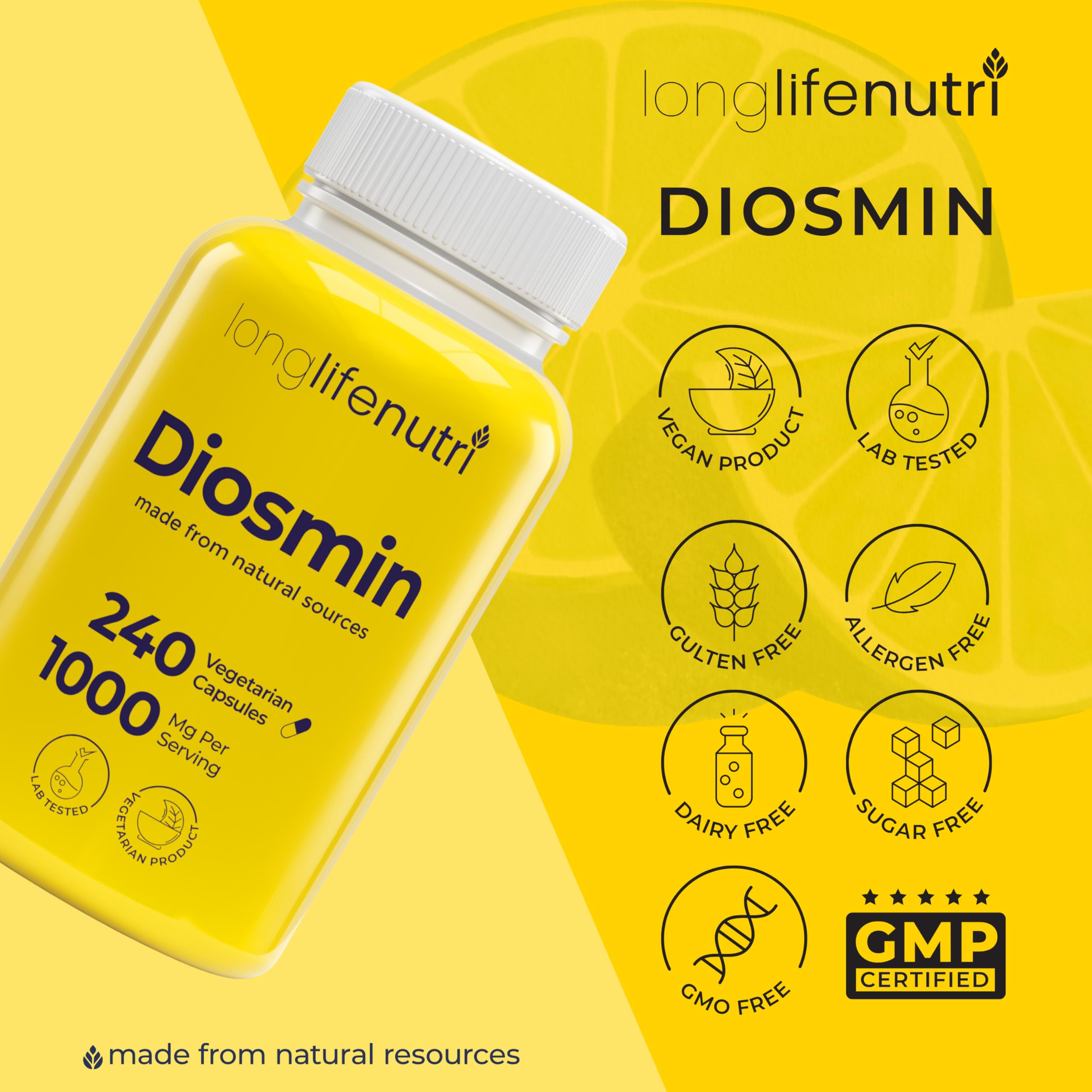LongLifeNutri Diosmin 1000mg daily routine scene emphasizes consistent intake.