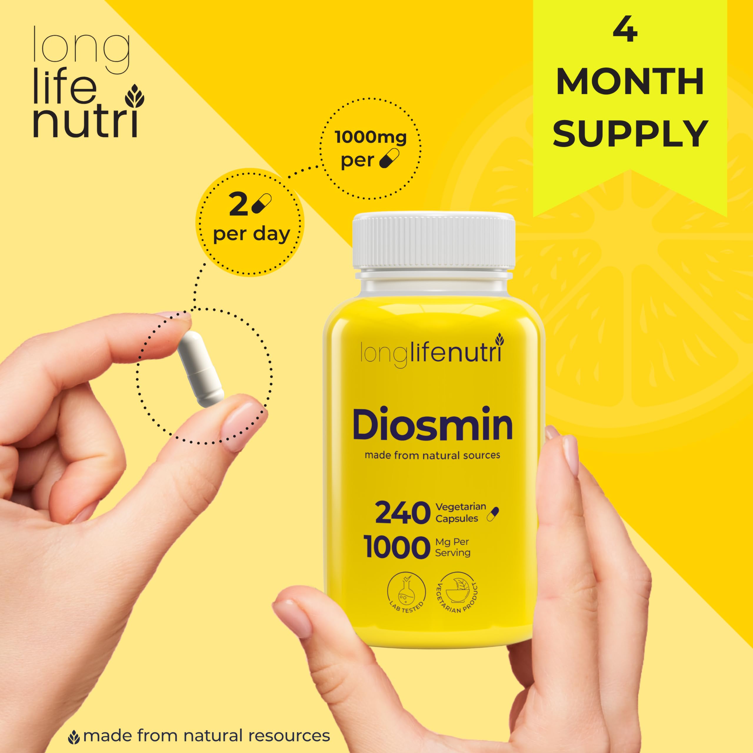 LongLifeNutri Diosmin 1000mg pill organizer included with bottle.