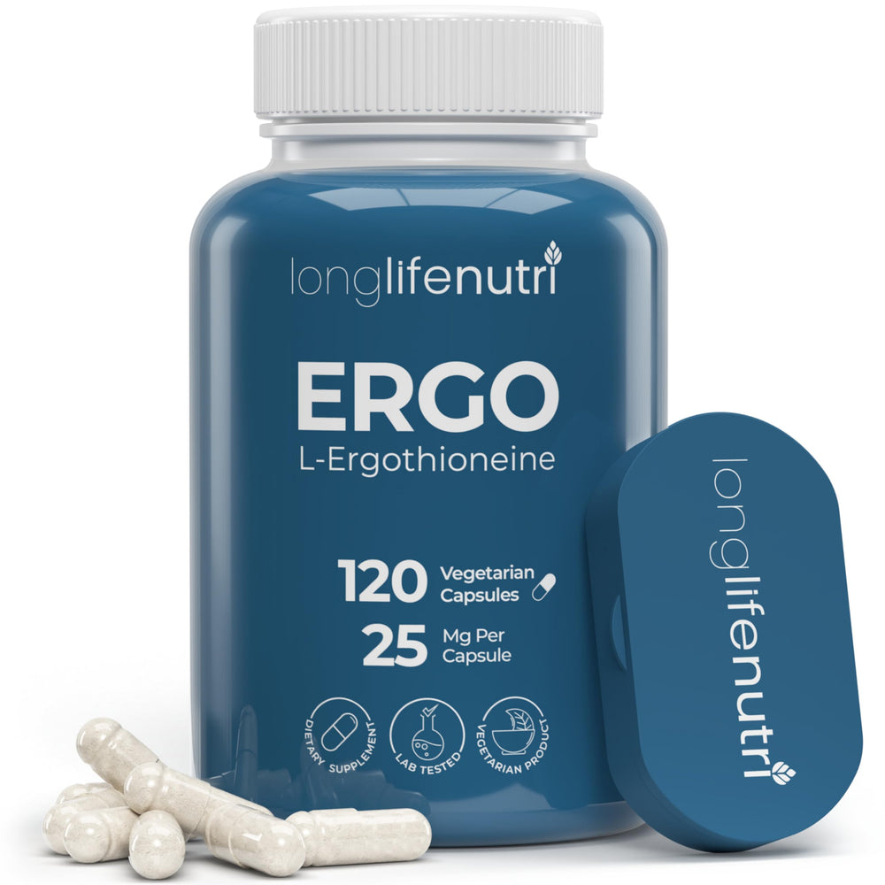 LongLifeNutri L-Ergothioneine 25mg bottle with clean label for daily wellness use.
