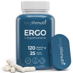 LongLifeNutri L-Ergothioneine 25mg bottle with clean label for daily wellness use.