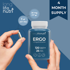 USA-made LongLifeNutri L-Ergothioneine bottle highlighting US production.