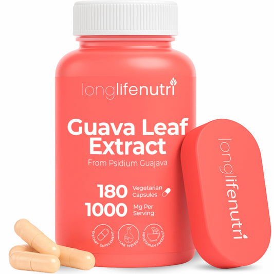 LongLifeNutri Guava Leaf Extract 1000mg bottle close-up, premium plant-based supplement.