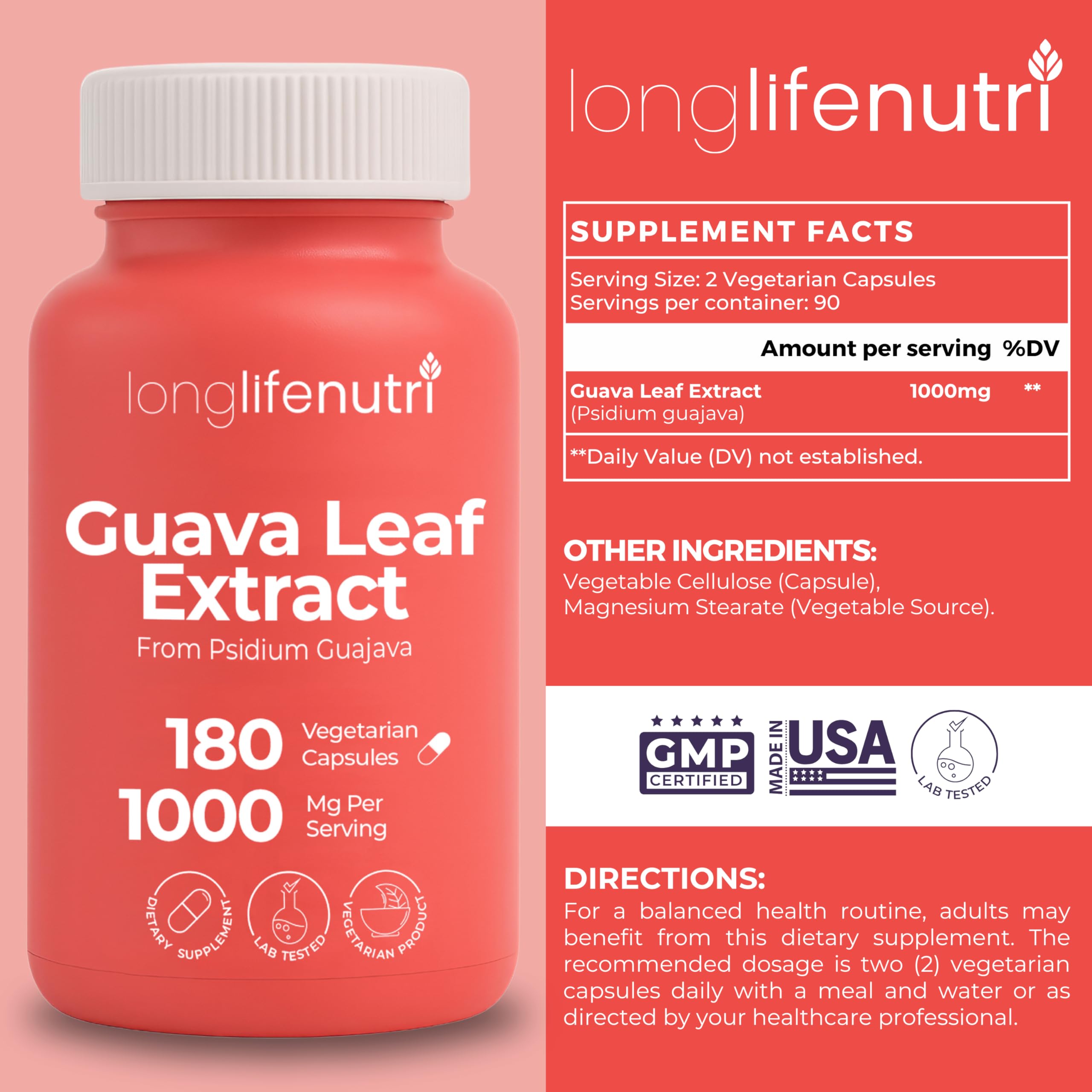 LongLifeNutri Guava Leaf Extract capsules close-up, vegan capsules for daily support.