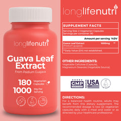LongLifeNutri Guava Leaf Extract capsules close-up, vegan capsules for daily support.