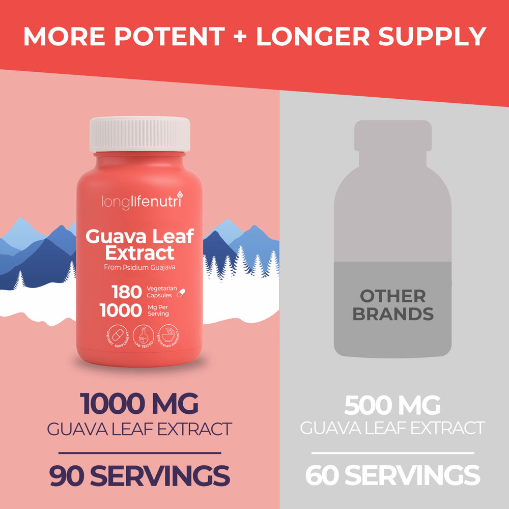 LongLifeNutri Guava Leaf Extract label detail, organic and GMP-certified quality.