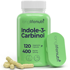 LongLifeNutri Indole-3-Carbinol bottle and label highlight purity for daily use