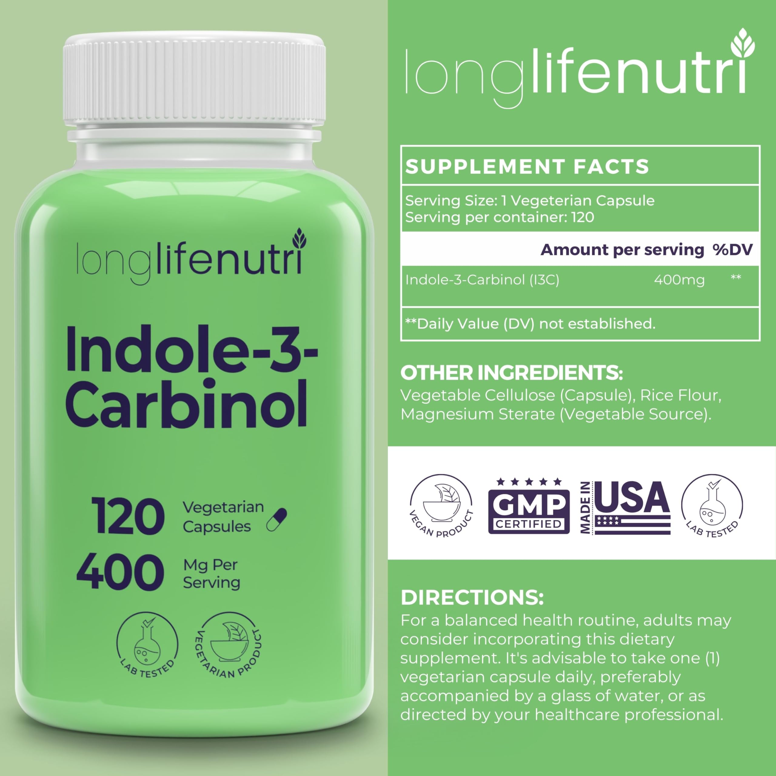LongLifeNutri Indole-3-Carbinol capsules closeup, showcasing vegetarian format for daily wellness
