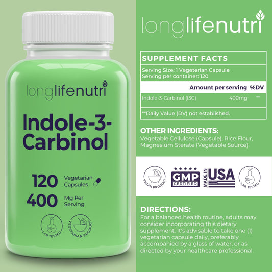 LongLifeNutri Indole-3-Carbinol capsules closeup, showcasing vegetarian format for daily wellness