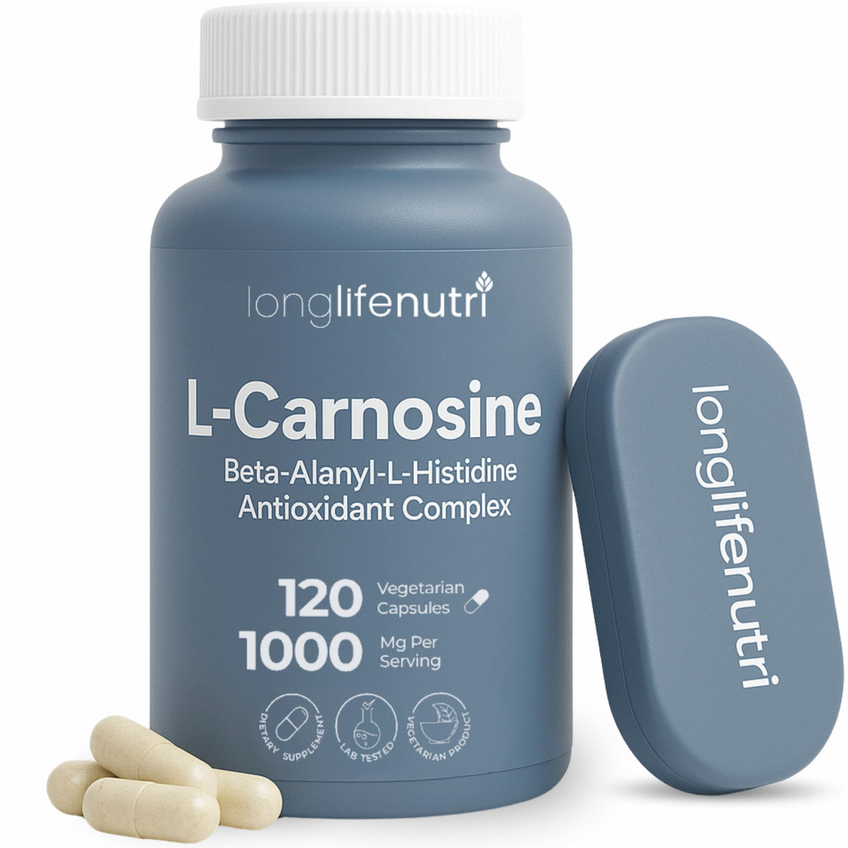 LongLifeNutri L-Carnosine bottle on kitchen counter suggesting daily energy support