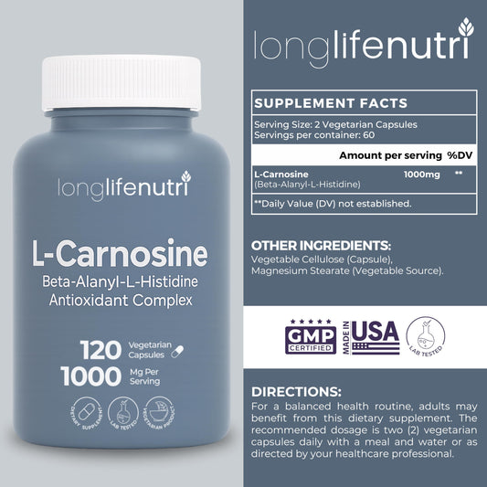 Close-up of L-Carnosine capsules highlighting 1000mg strength for daily use