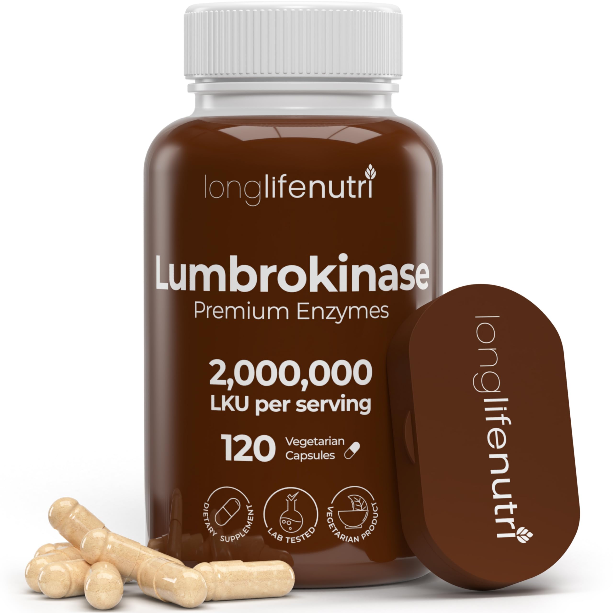 LongLifeNutri Lumbrokinase bottle front shows labeling for trusted daily enzyme support.