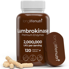 LongLifeNutri Lumbrokinase bottle front shows labeling for trusted daily enzyme support.