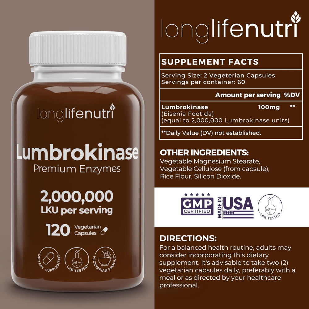 Close-up of LongLifeNutri Lumbrokinase capsules highlights easy-to-swallow vegetarian capsules.