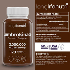 Close-up of LongLifeNutri Lumbrokinase capsules highlights easy-to-swallow vegetarian capsules.