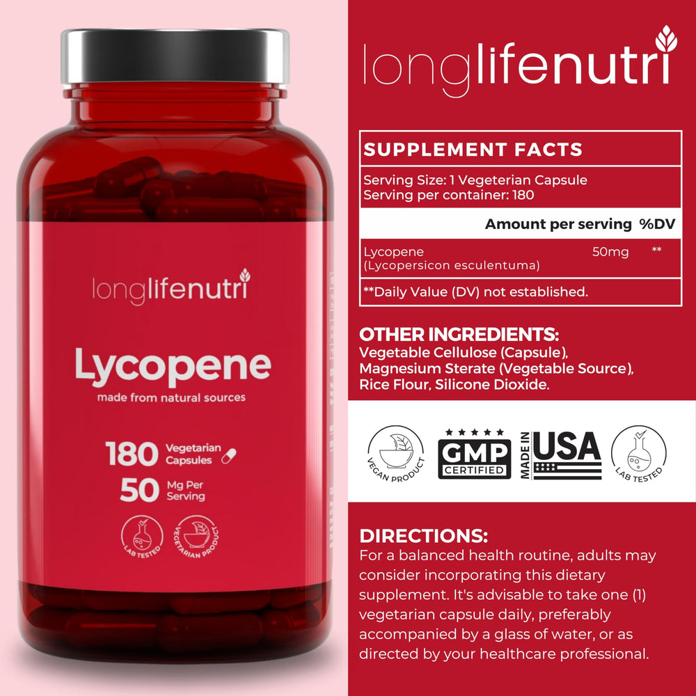Lycopene bottle nutrition facts label highlights 50 mg