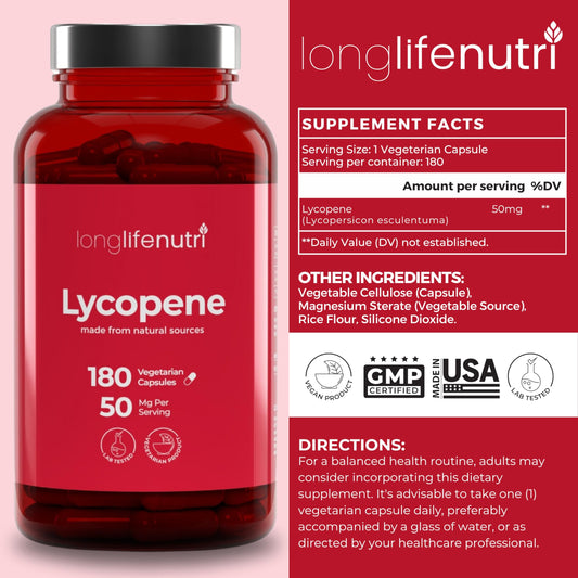 Lycopene bottle nutrition facts label highlights 50 mg