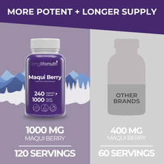 LongLifeNutri Maqui Berry bottle label highlights organic berry and clean ingredients.