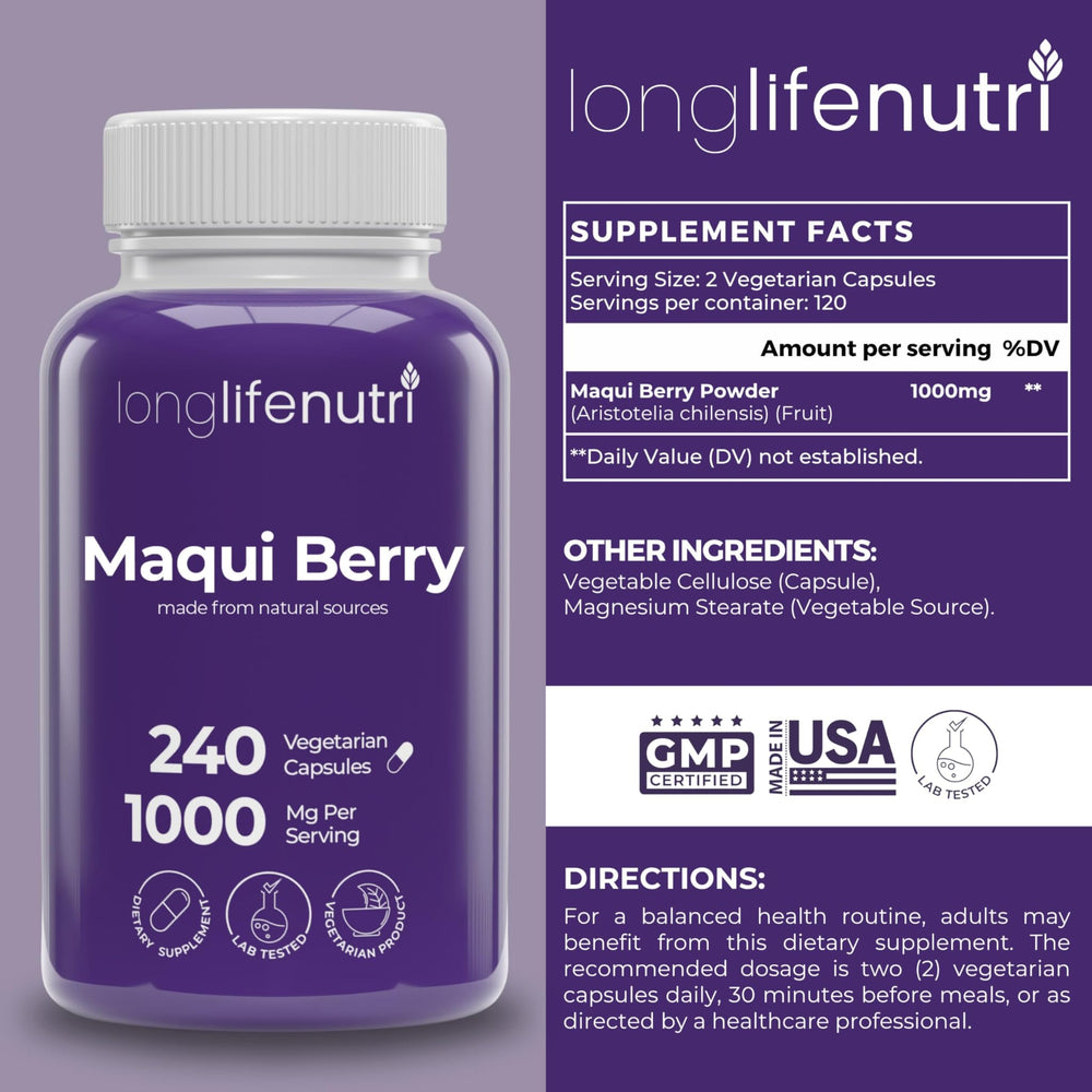 LongLifeNutri Maqui Berry capsules close-up, showcasing vegan, non-GMO formula.