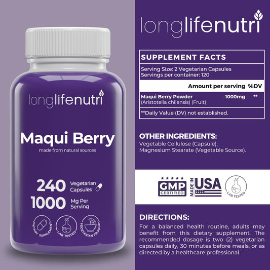 LongLifeNutri Maqui Berry capsules close-up, showcasing vegan, non-GMO formula.