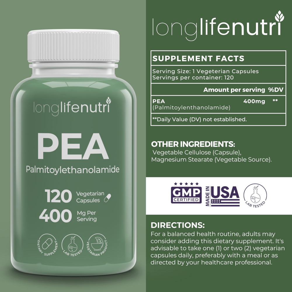 Front view of LongLifeNutri PEA 400mg bottle highlighting vegetarian capsules.