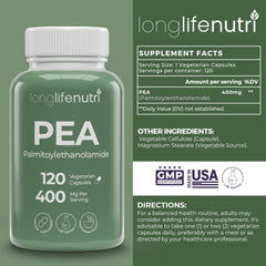 Front view of LongLifeNutri PEA 400mg bottle highlighting vegetarian capsules.