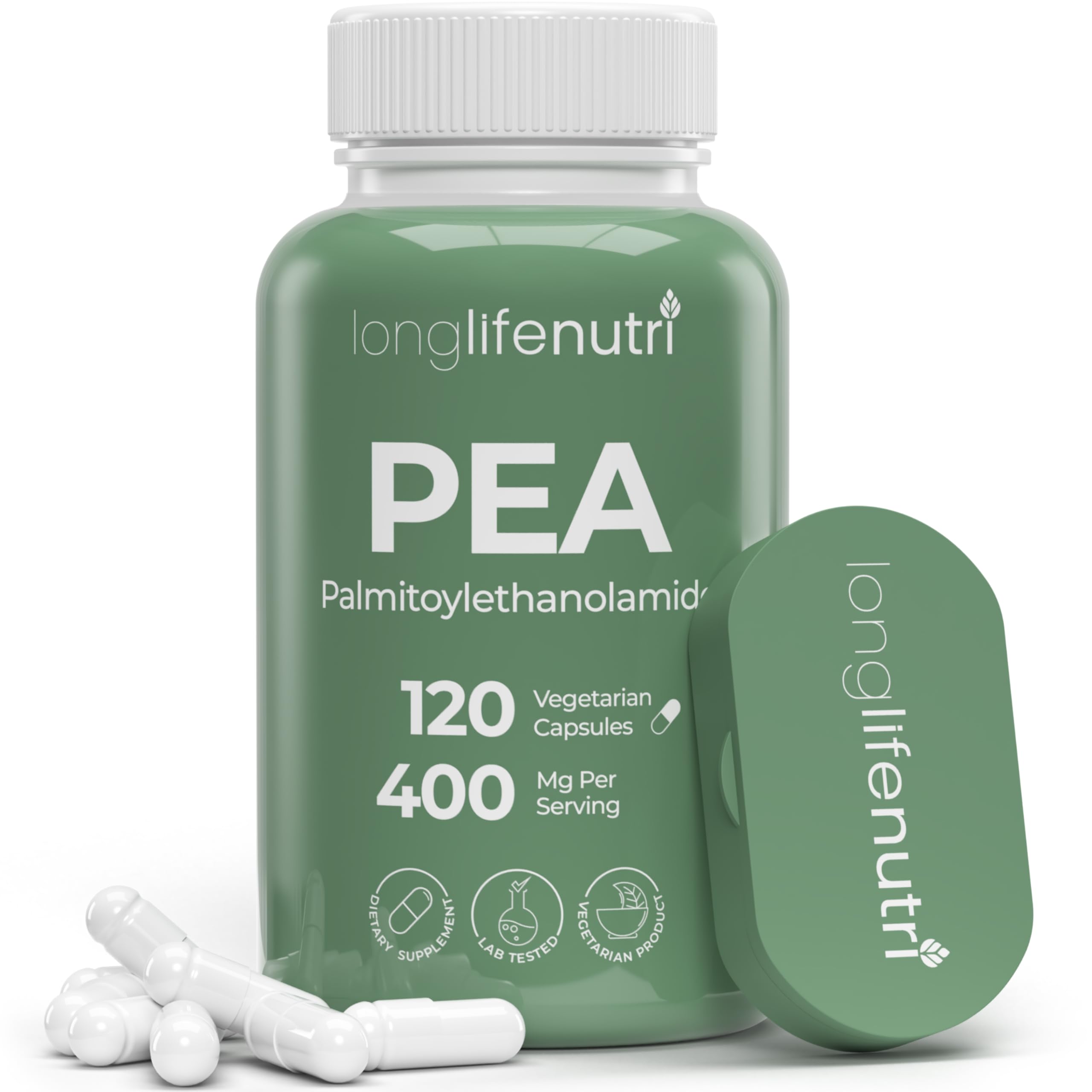 LongLifeNutri PEA 400mg capsules in a 120-count bottle for daily comfort.