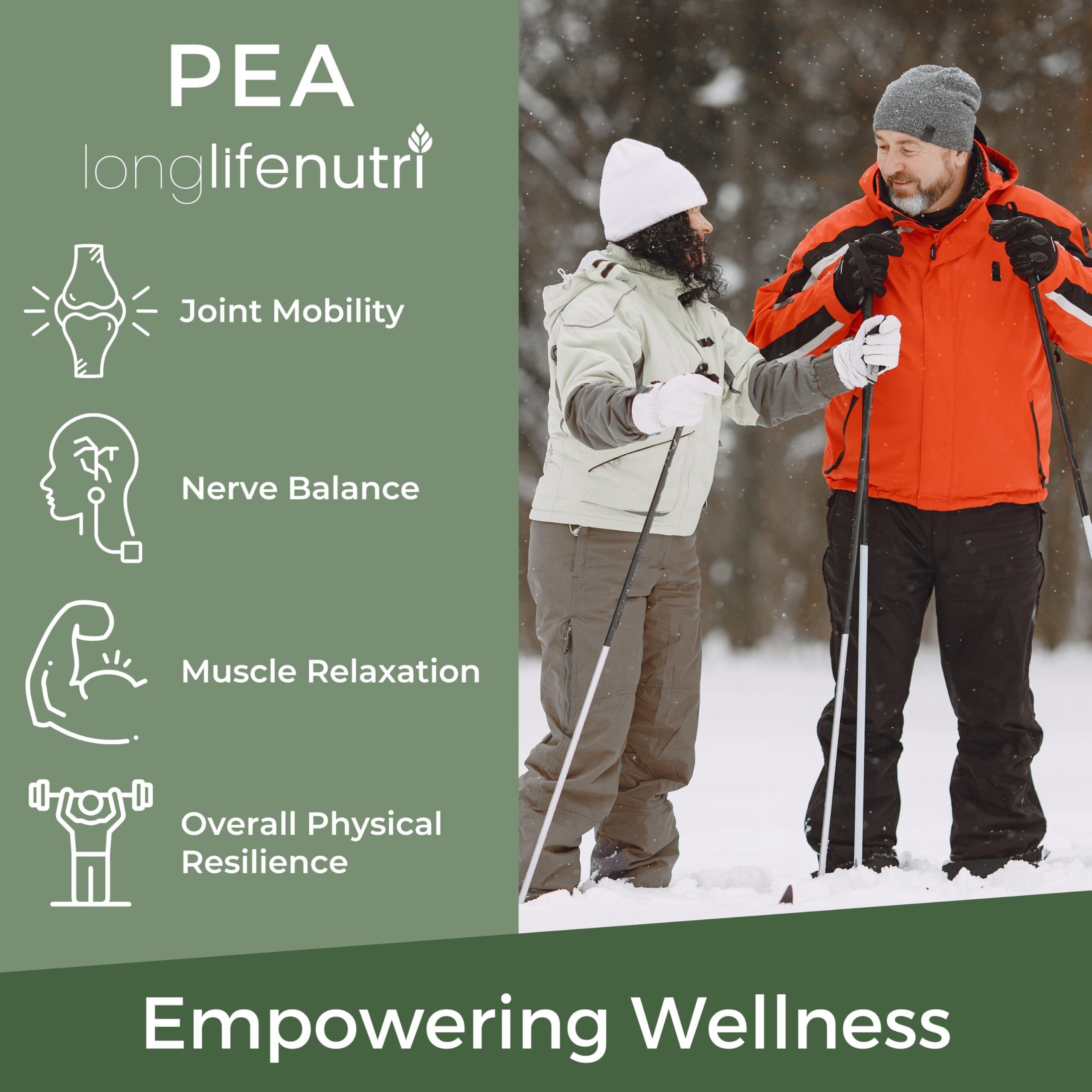 Pouring LongLifeNutri PEA capsules from the bottle for easy daily use.