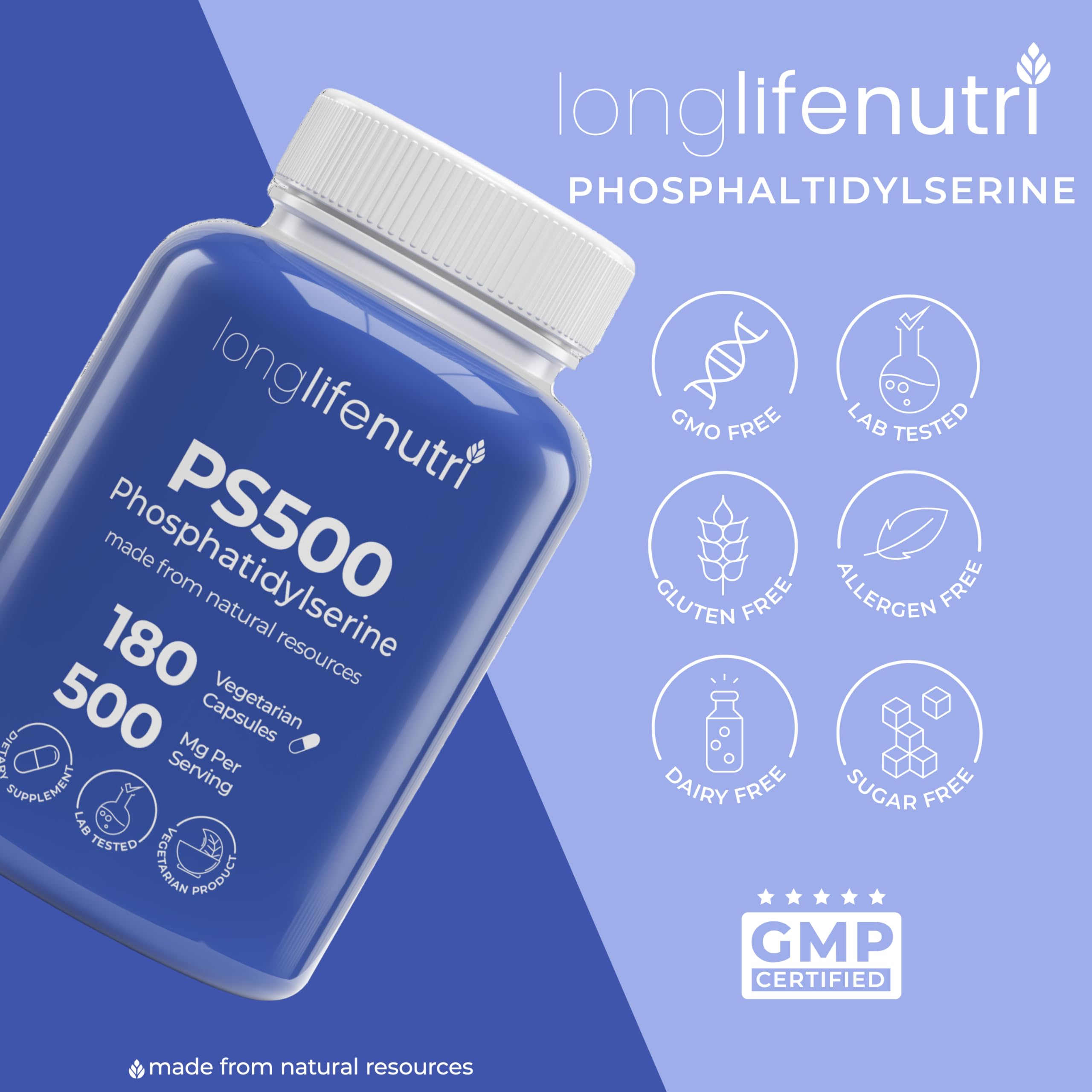 LongLifeNutri PS 180-capsule bottle signaling a three-month supply.