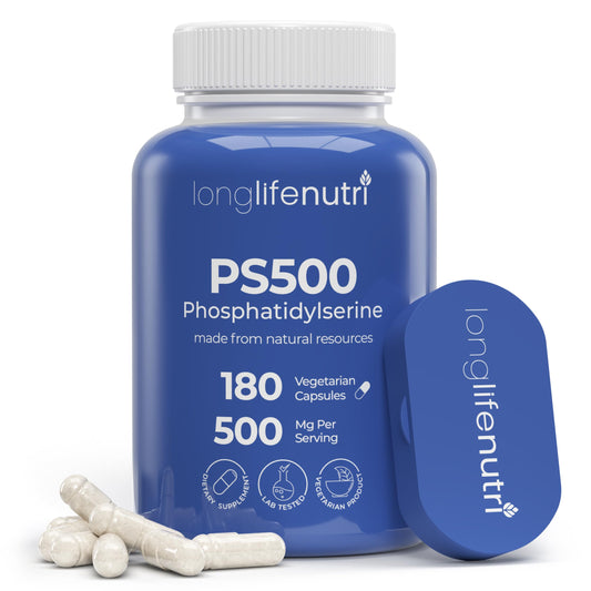 LongLifeNutri PS 500mg bottle on desk for daily memory support.