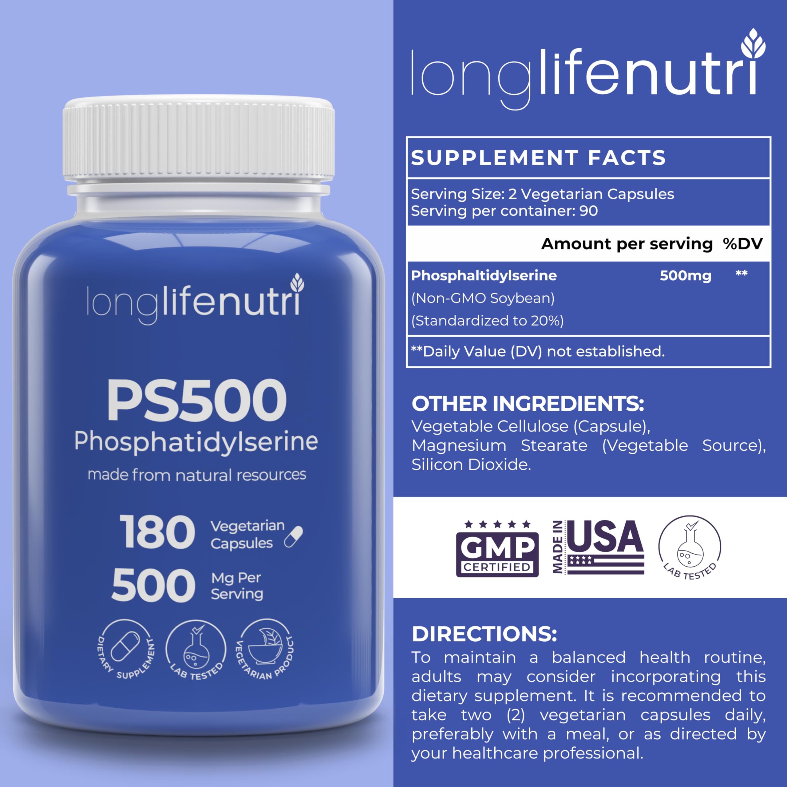LongLifeNutri PS capsules arranged to show easy daily intake.