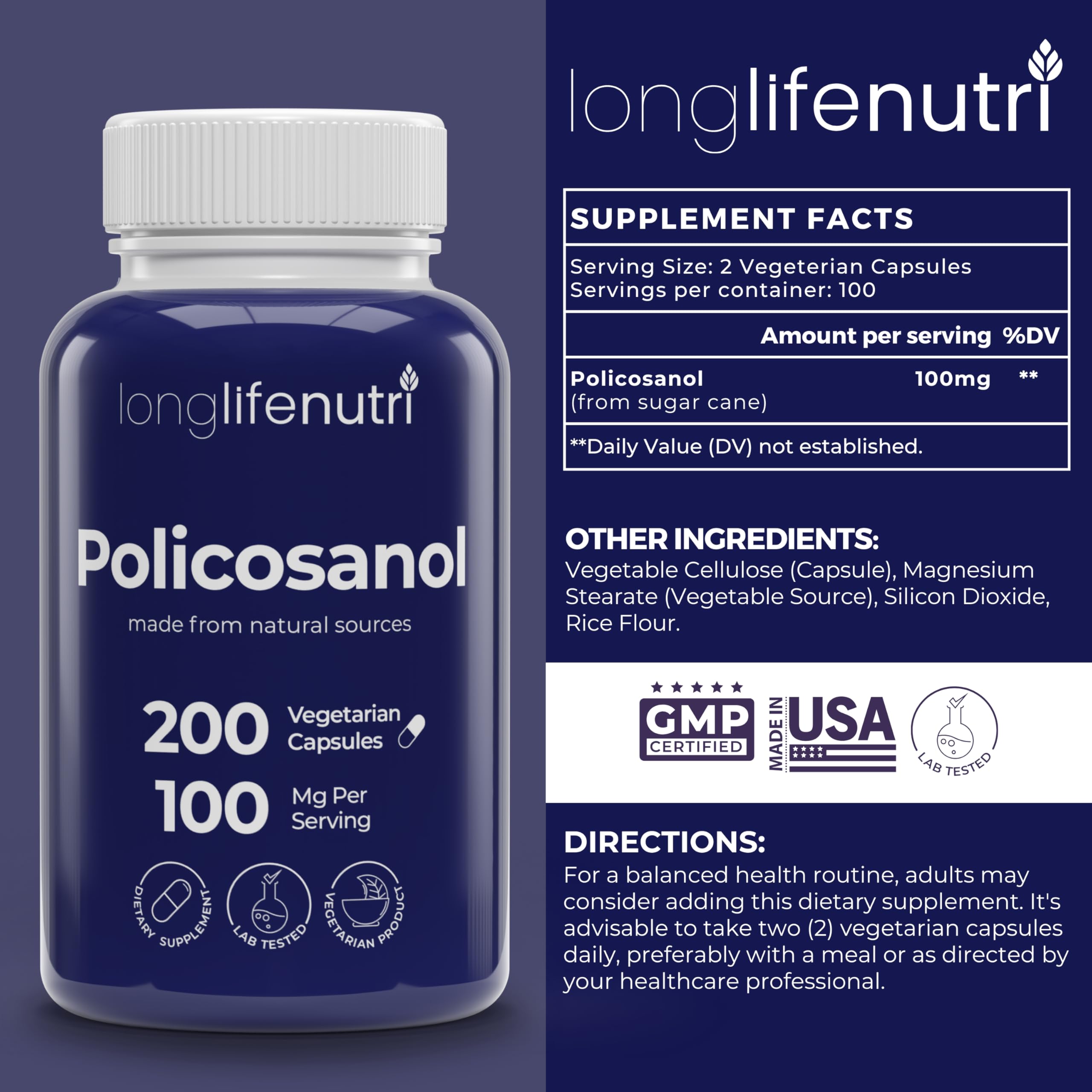 Close-up of LongLifeNutri Policosanol capsules, vegetarian form for clean use