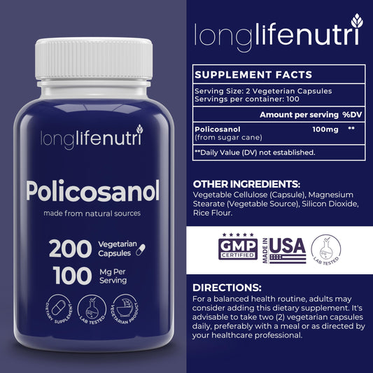 Close-up of LongLifeNutri Policosanol capsules, vegetarian form for clean use