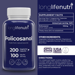 Close-up of LongLifeNutri Policosanol capsules, vegetarian form for clean use