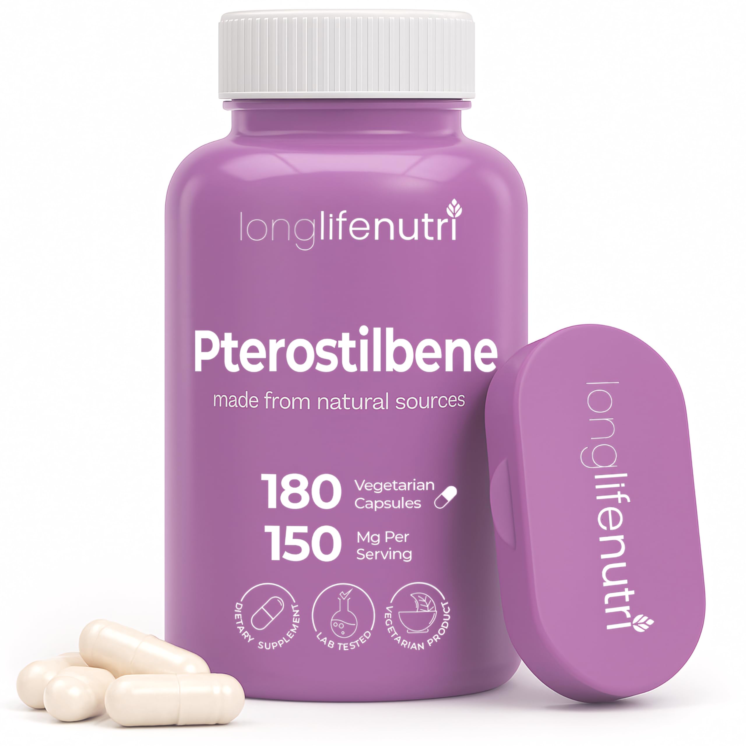 LongLifeNutri Pterostilbene bottle showing 150 mg per serving for daily energy